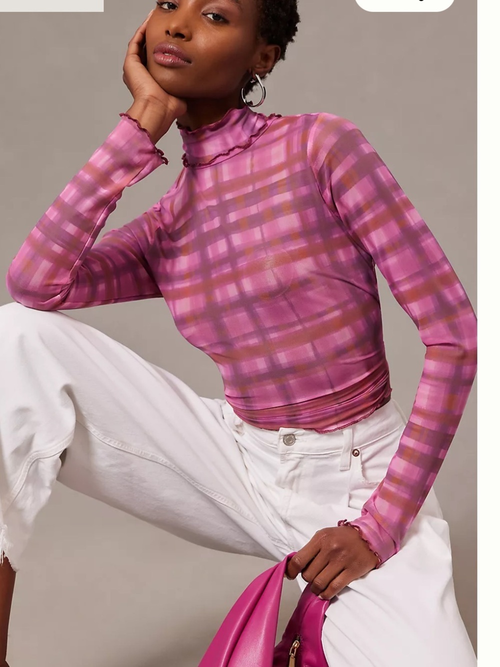 Anthropologie Pilcro Mesh Plaid Pink Turtleneck Top